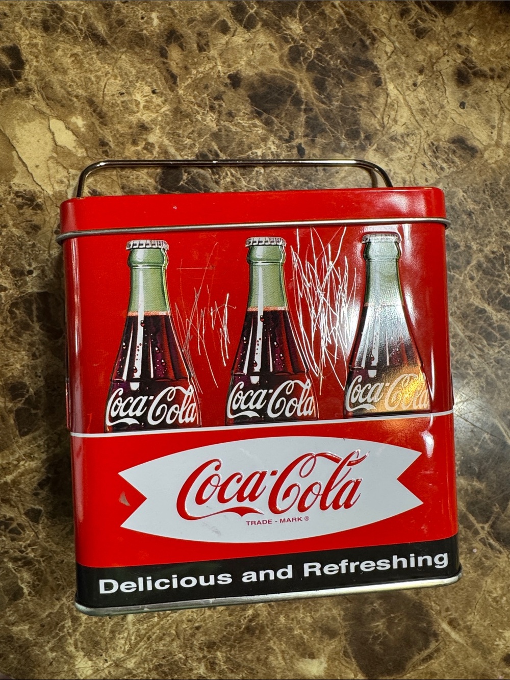 Coca Cola Red Tin Box with Bottle Graphics Used